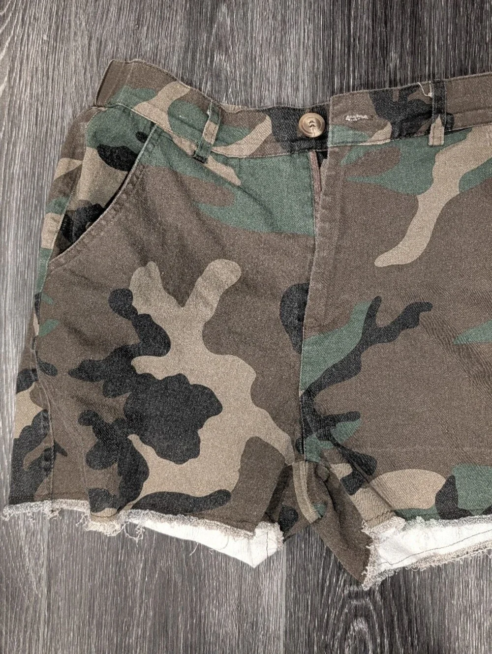 SHEIN Green & Brown Camouflage Denim Cutoff Shorts